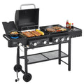 Multifunctional Gas Grill Combo, Outdoor Charcoal Grill Smoker Adjustable Height, 3-Burner Propane Gas BBQ Grill with Side Burner, Cast Iron Grid, 2-side Gribble, Storage Shelf, Adjustable Vent,