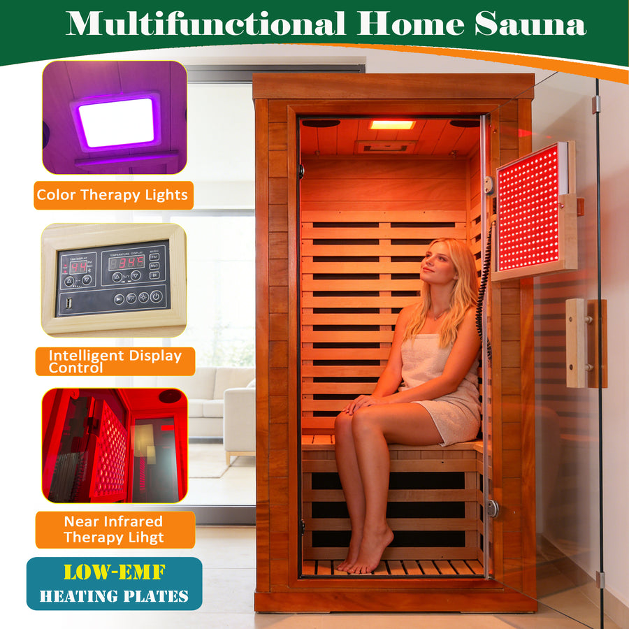 Seizeen Infrared Sauna with Beaty Lamps, 1-Person Indoor Dry Sauna with 7 Colors Light, Low EMF Okoume Wood Home Sauna Room 7 Carbon Crystal Heaters
