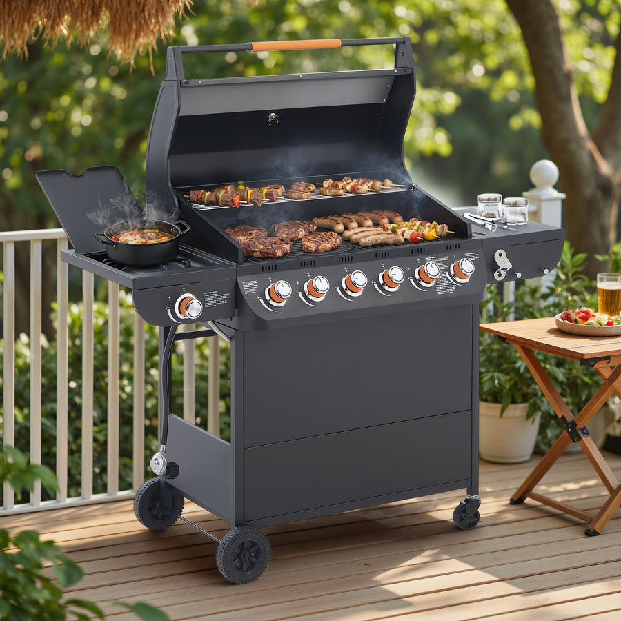 6-Burner Propane Gas Grill with Side Burner, 72,000 BTU Stainless Steel BBQ Grill with Cast Iron Grates, 650 Sq.In Cooking Area, Warming Rack, Thermometer, Side Tables & Wheels for Outdoor Patio Back