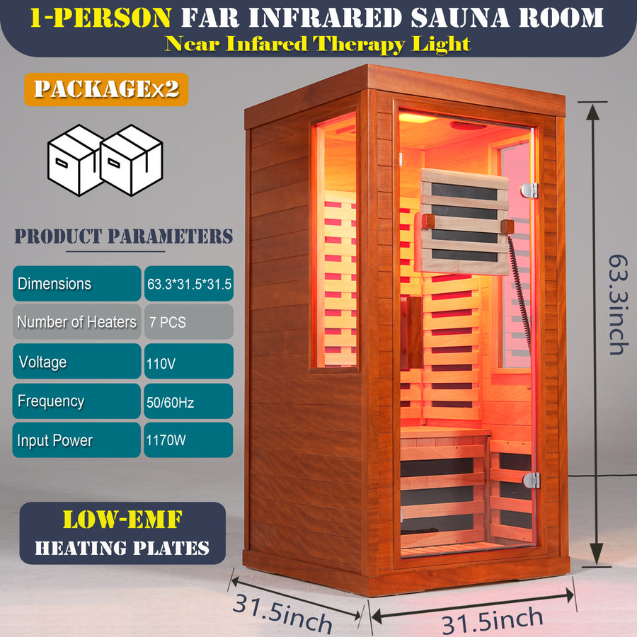 Seizeen Infrared Sauna with Beaty Lamps, 1-Person Indoor Dry Sauna with 7 Colors Light, Low EMF Okoume Wood Home Sauna Room 7 Carbon Crystal Heaters