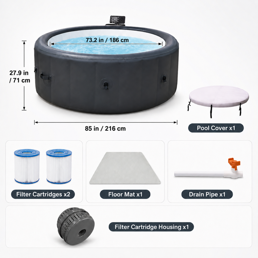 85" Inflatable Hot Tub for 4-6 Persons, Portable Outdoor Spa Tub with 150+ Air Jets, 104°F Heating, 6-Color Ambient LED Lights, Bubble Massage, One-Touch Inflation, Filter System, Cover & Floor Mat