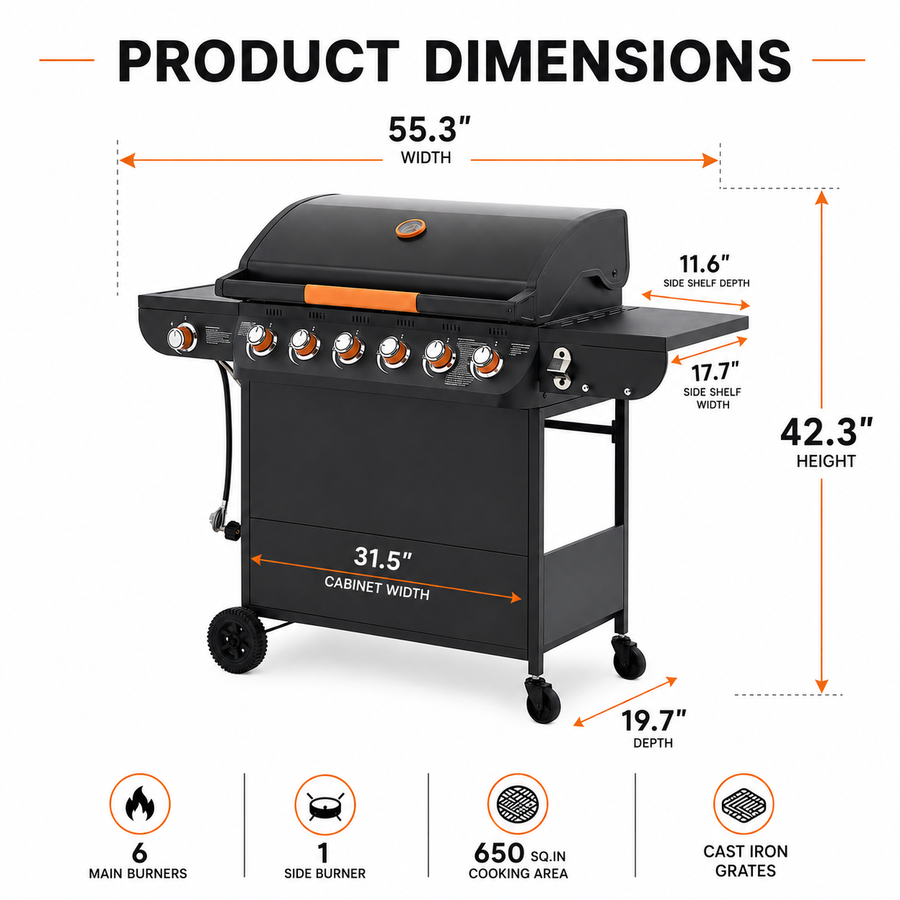 Seizeen 72,000 BTU Powerful Gas Grill, 6-Burner Propane BBQ Grill with Side Burner, w/Cast Iron Grates, Warming Rack, Thermometer