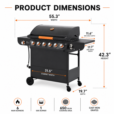 Propane Gas Grill clearance, 6-Burner Outdoor Grill with Side Burner, 72,000 BTU Stainless Steel BBQ Grill, 650 Sq.In Cooking Area, Cast Iron Grates, Thermometer, for Patio Backyard Garden