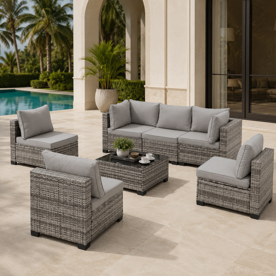 Seizeen Outdoor Furniture, 7PCS Patio Furniture Set Sectional Sofa with Cushions, Front Porch Balcony Furniture Conversation Couch Set with Table