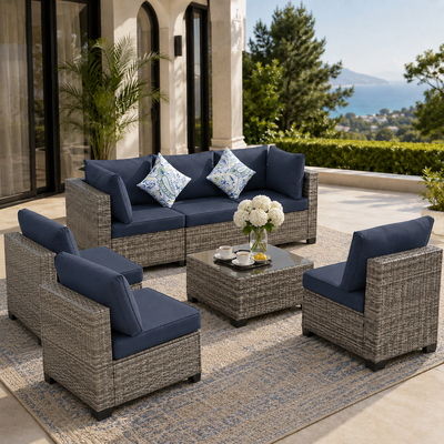 7 Pieces Outdoor Funiture Set, Heavy-Duty Metal Frame Patio Funiture Set with Thick Cushions,Rattan Outdoor Couch Sectional Sofa Set with Coffee Table, Brown