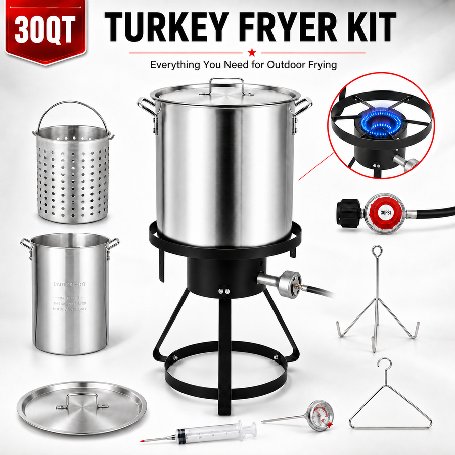 Outdoor Turkey Fryer Kit, 30QT Aluminum Deep Fryer and Seafood Boil Pot, 55,000 BTU Propane Burner with 32.3-Inch Iron Tripod Stand, Basket, Poultry Rack, Thermometer and Injector