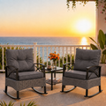 Patio Outdoor Furniture Set, 3PCS Rattan Wicker Rocking Chair Set Balcony Furniture, Steel Frame Patio Chairs with 2-Tier Coffee Table, Thick Seat Cushions and Pillows