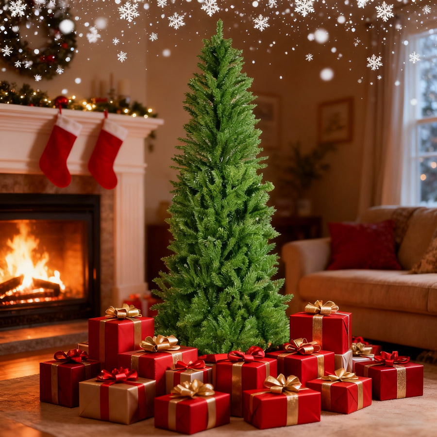 Seizeen 7FT Christmas Tree, Artificial Green Tree with 775 Green Tips, Slim Fir Xmas Tree w/Hinged Branches, Folding Metal Stand, Holiday Decoration for Carnival Party