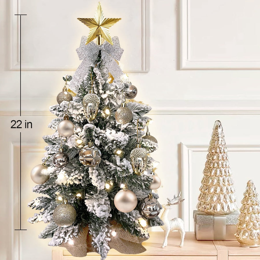 Tabletop Christmas Tree with Lights, 2FT Pre-lit Christmas Tree with Rich Decorations, Mini Artificial Tree Shiny Ornaments & Light String for Xmas, White Small Lighted Tree for Home Decor, Gold