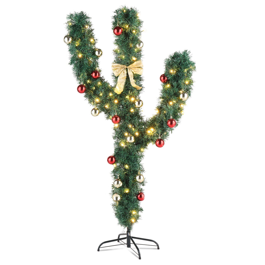 Christmas Trees W/Lights, 5FT Pre-Lit Pretty Green Xmas Trees Cacti Trees, Lighted Artificial Christmas Trees w/8 Light Modes, Bow & Balls for DIY Home Holiday D¨¦cor