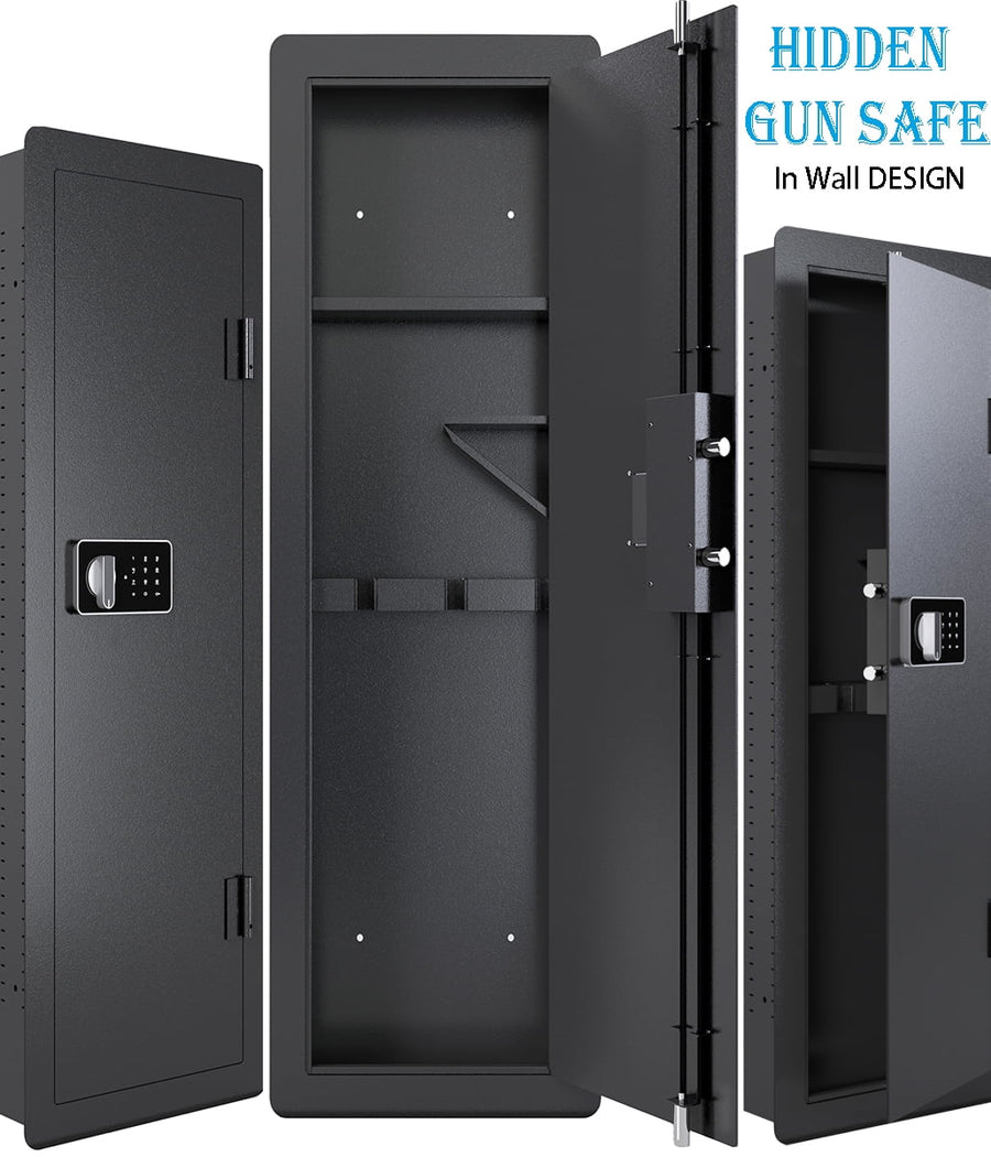 Digital Keypad Gun Wall Safe, Seizeen Heavy-Duty Gun Safe Storage In Wall Hidden for Home Office Shop, Black Security Rifle Gun Cabinets with 2 Shelves & 1 Rack for 3 Rifle & Pistol & Valuables