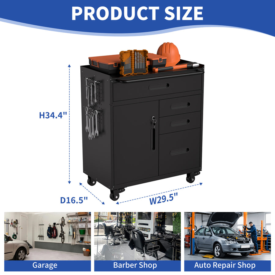 Seizeen Tool Chest, Rolling Tool Storage Box with Wheels, Lockable Garage Tool Cabinet Organizer, Steel Utility Cabinet with Side Pegboards for Workshop Home