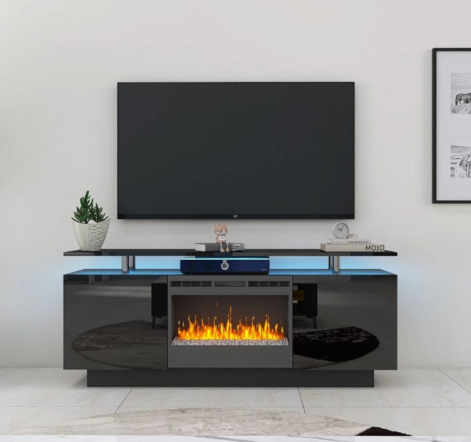 Fireplace TV Stand with Storage, for TVs up to 70 inches, Entertainment Center with Fireplace, Media Console Cabinet for Living Room, 63 Inch, Black