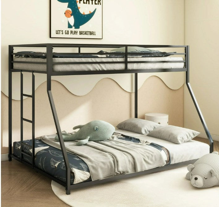 Metal Twin over Full Bunk Bed Frame for Kids, Teens, and Adults, With High Full Length Guardrail, Smooth Rounded Edges, No Box Spring Required, For Small Spaces, Black, DZ0821