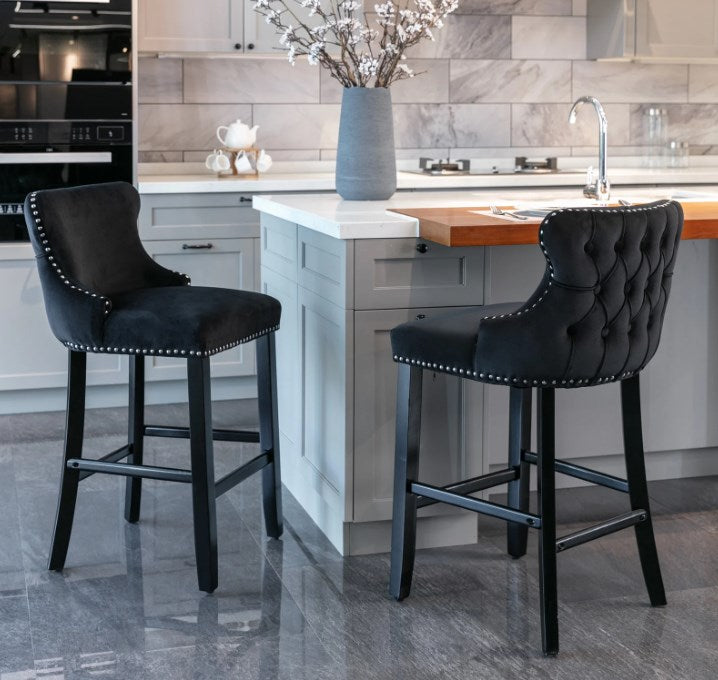 Seizeen Counter Height Bar Stools, Set of 2, Wing-back Velvet Dining Chairs with Soft Cushion, Solid Wood Legs, Button Tufted Decoration and Chrome Nailhead Trim, Black