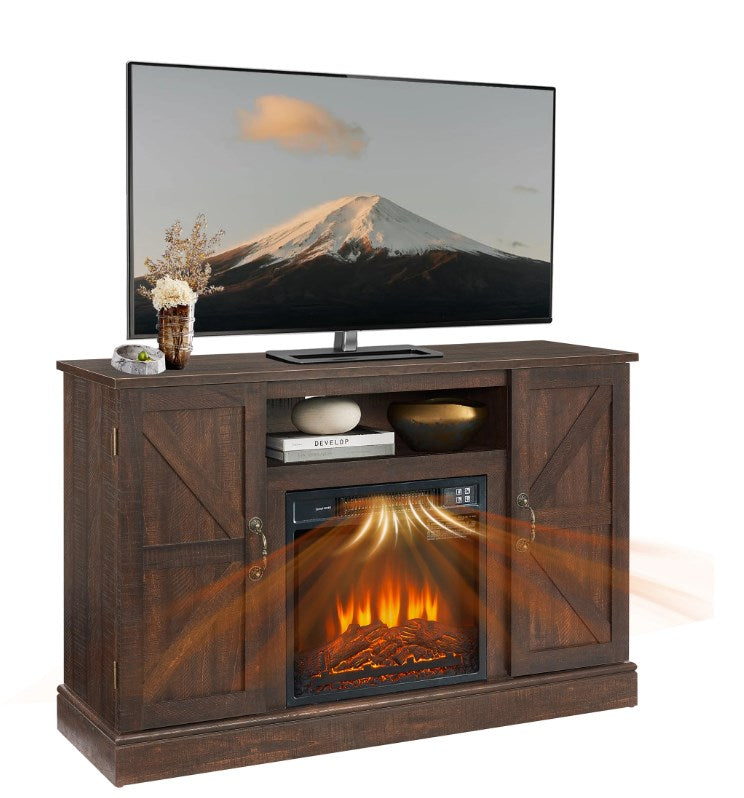 Seizeen Fireplace TV Stand with Barn Door, for TVs up to 50 inches, Entertainment Center with Fireplace, Media Console Cabinet for Living Room, 47 Inch, Brown