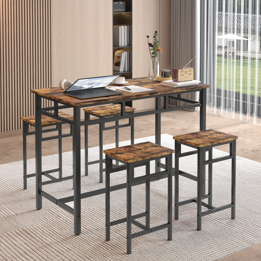 Dining Table Set for 4, Metal Counter Height Dining Set 1 Table & 4 Stools, Rustic Brown Kitchen Bar Table Set, Modern Style Table Set for Apartment Farm House Small Spaces