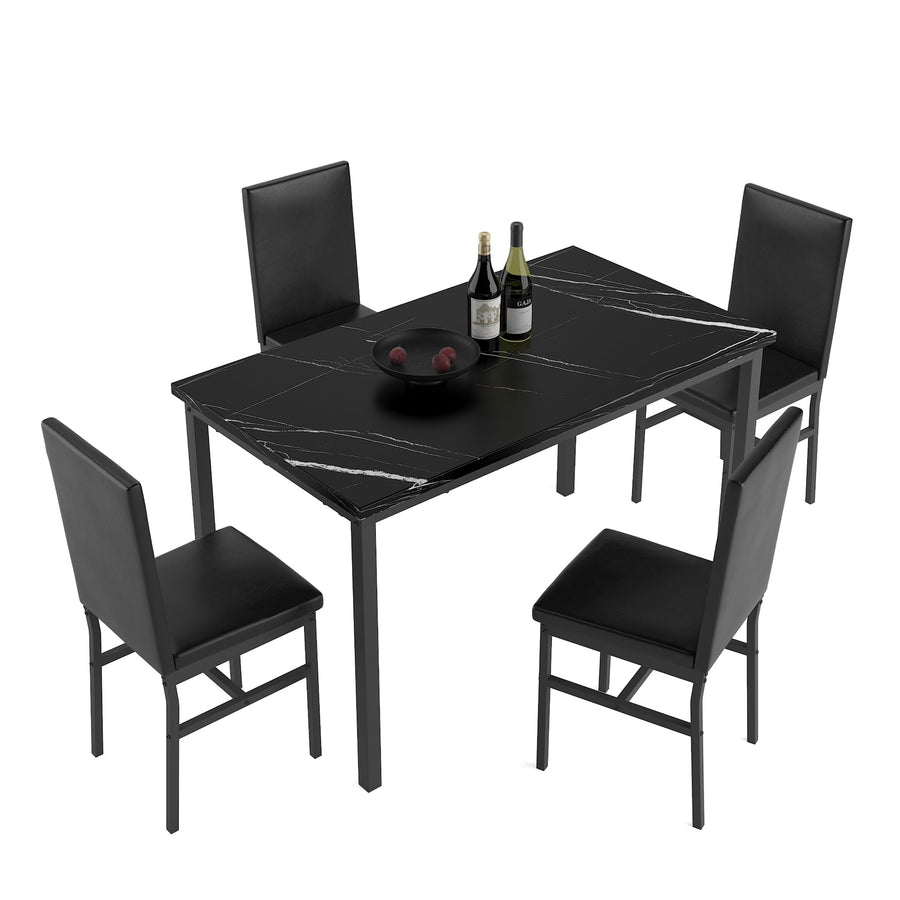 Dining Table Set 5 Pieces, Seizeen Dining Set for 4, Metal Table Chair Set with Marble Top, Modern Dining Table with Leather Chairs for Breakfast Nook Dining Room Living Room, Elegant Black