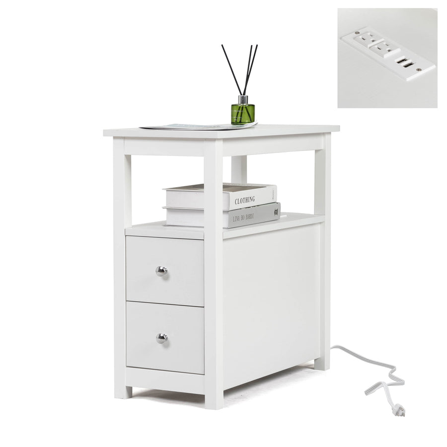 End Table with Drawers and Charging Station, Narrow Wooden Side Tables for Living Room Bedroom Nightstand with 2 Drawers, White