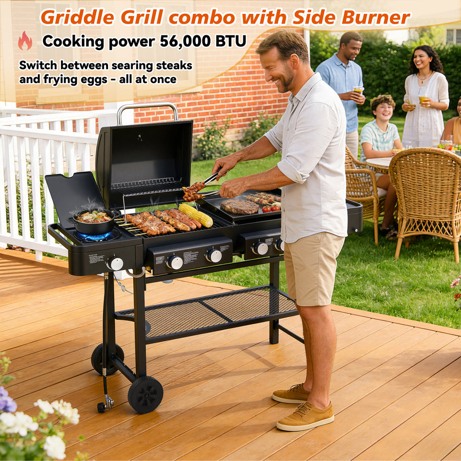 Multifunctional Gas Grill Combo, Outdoor Charcoal Grill Smoker Adjustable Height, 3-Burner Propane Gas BBQ Grill with Side Burner, Cast Iron Grid, 2-side Gribble, Storage Shelf, Adjustable Vent,