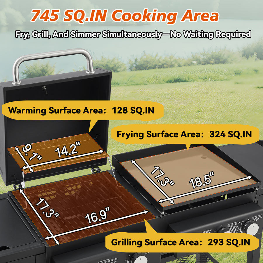 Multifunctional Gas Grill Combo, Outdoor Charcoal Grill Smoker Adjustable Height, 3-Burner Propane Gas BBQ Grill with Side Burner, Cast Iron Grid, 2-side Gribble, Storage Shelf, Adjustable Vent,