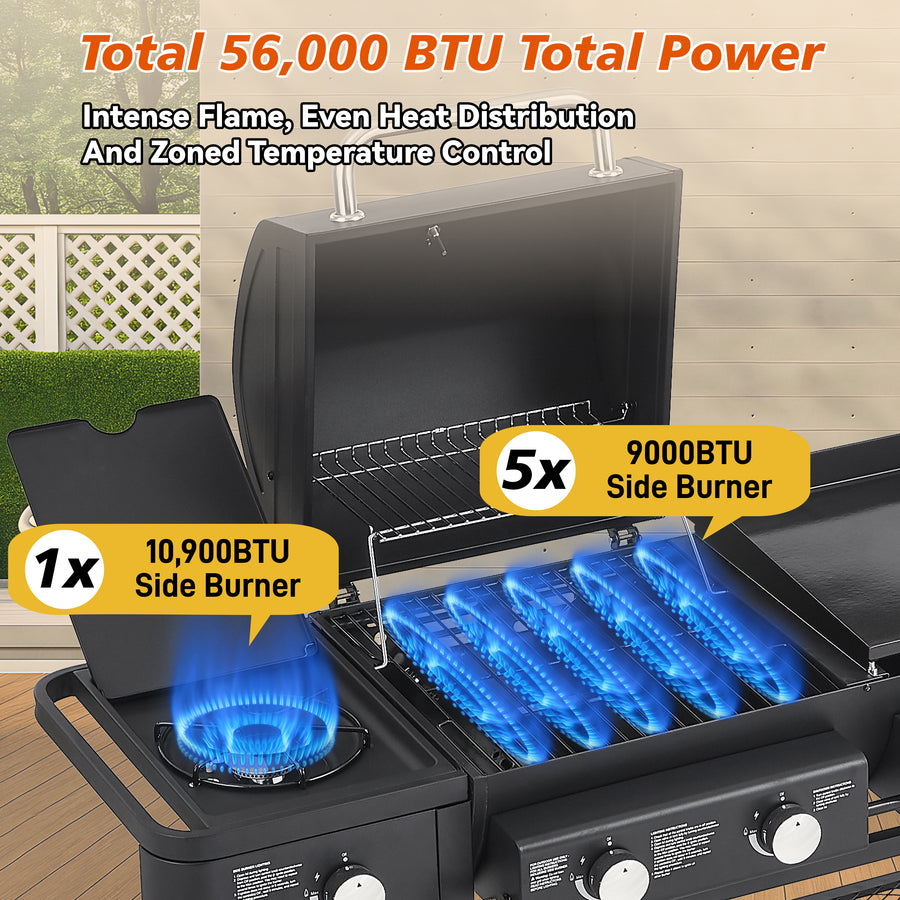 Multifunctional Gas Grill Combo, Outdoor Charcoal Grill Smoker Adjustable Height, 3-Burner Propane Gas BBQ Grill with Side Burner, Cast Iron Grid, 2-side Gribble, Storage Shelf, Adjustable Vent,