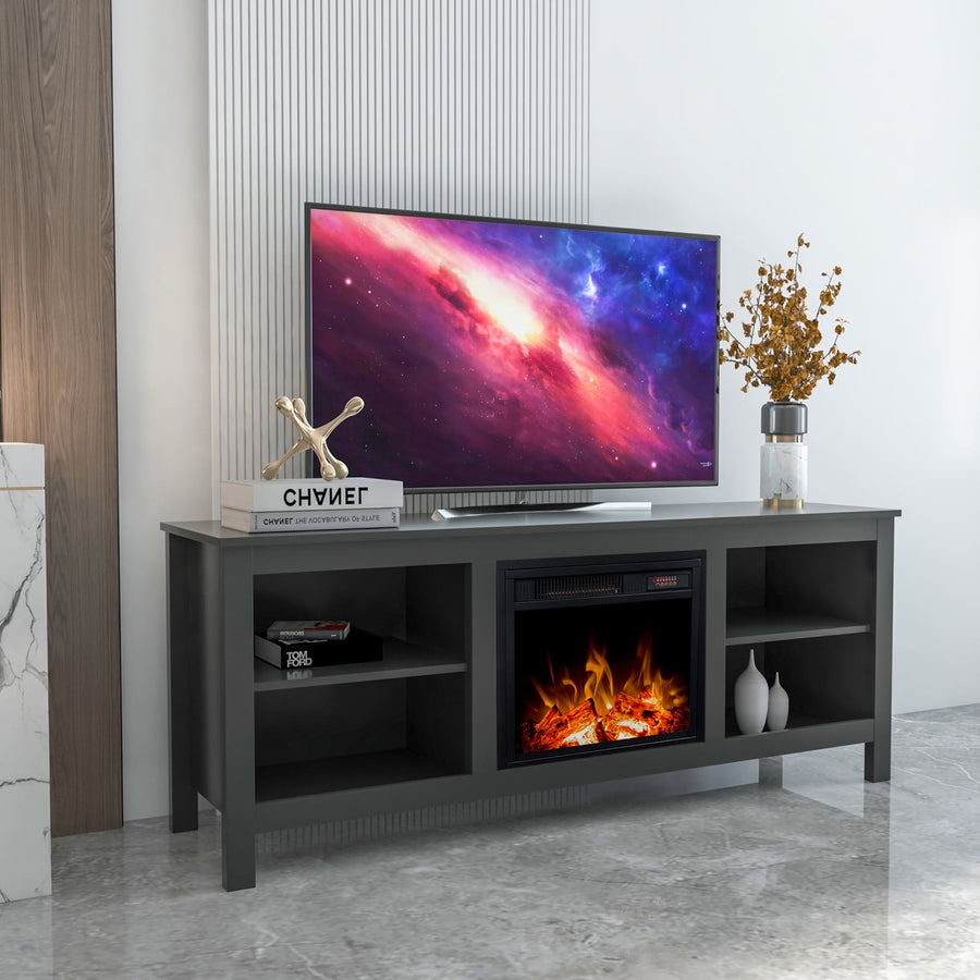 Fireplace TV Stand 65inch TV, Electric Fireplace Entertainment Center TV Console Cabinet for Farmhouse Living Room, Wood Media TV Console with Electric Fireplace & Fake Flame, Black