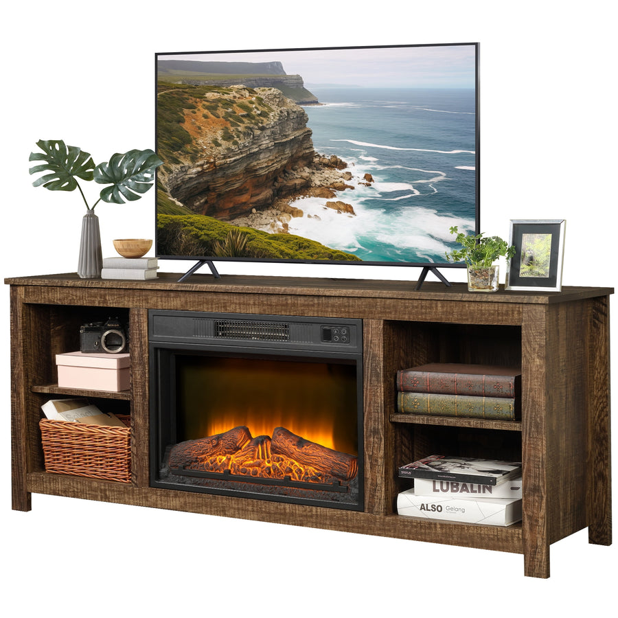 Fireplace TV Stand 65inch TV, Electric Fireplace Entertainment Center TV Console Cabinet for Farmhouse Living Room, Wood Media TV Console with Electric Fireplace & Fake Flame, Brown