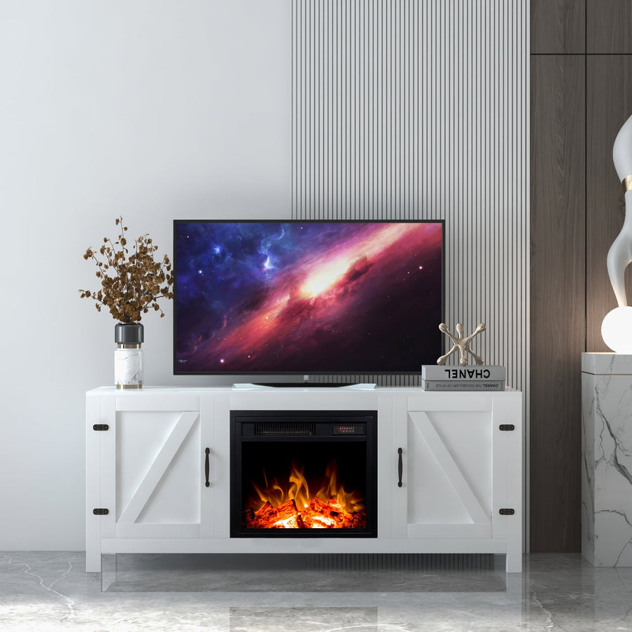 Fireplace TV Stand, Seizeen Electric Heater TV Stand for 60" TV, Entertainment Center TV Console with Adjustable Fireplace and Storage Cabinet, Virtual Flame, White TV Stand for Living Room