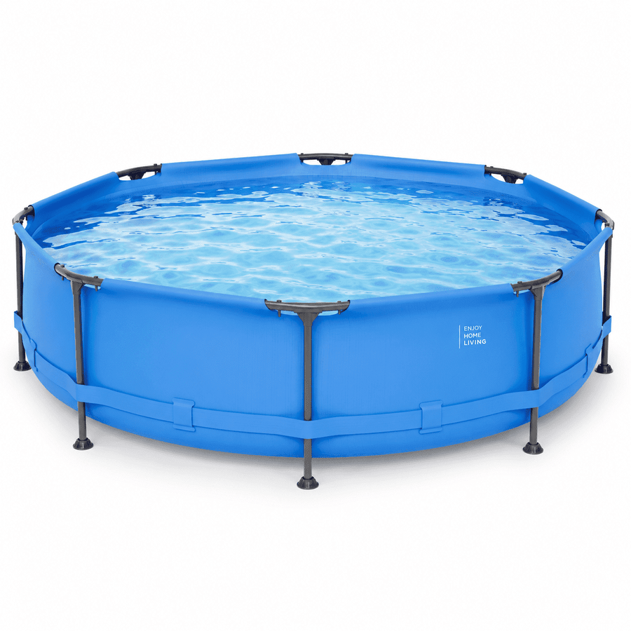 Outdoor Swimming Pool, 10FT x 30IN Round Above Ground Pool with Blue Iron Frame, Outdoor Backyard Swimming Pool for Family Summer Water Fun, Metal Frame Pool for Patio, Garden & Yard