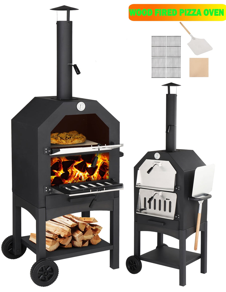 Freestanding Pizza Oven for Outside, Firewood Burning Pizza Maker Stove for Patio Camping Picnic, Portable Pizza Oven on Wheels with Pizza Stone, Peel, Grids, Grills, Thermometer