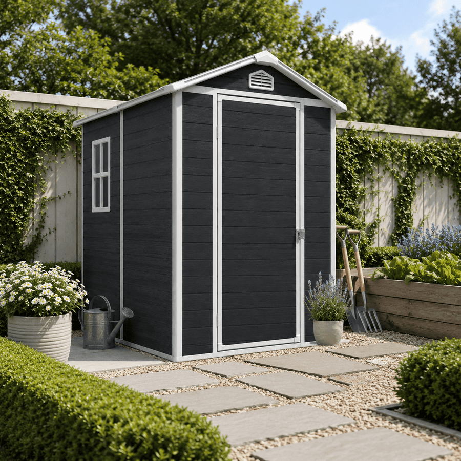 Seizeen 4 x 6 FT Plastic Storage Shed with Floor, Sloped Roof Outdoor Resin Shed with Window & Vents, Lockable Garden Tool Shed for Backyard Patio Lawn, Black