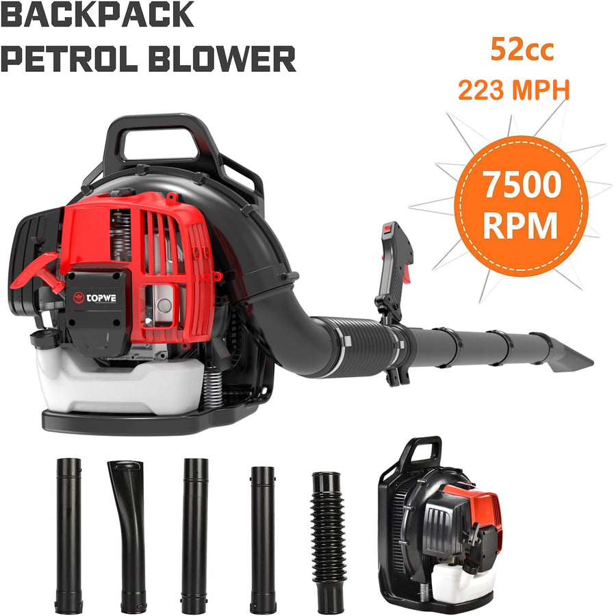 Gas Powered Leaf Blower, 52CC 2-Cycle Cordless Backpack Blower for Yard with Extended Tube, 530CFM Powerful Blower Air Speed-78m/s for Snow Leaf, Outdoor Yard Garden, Red