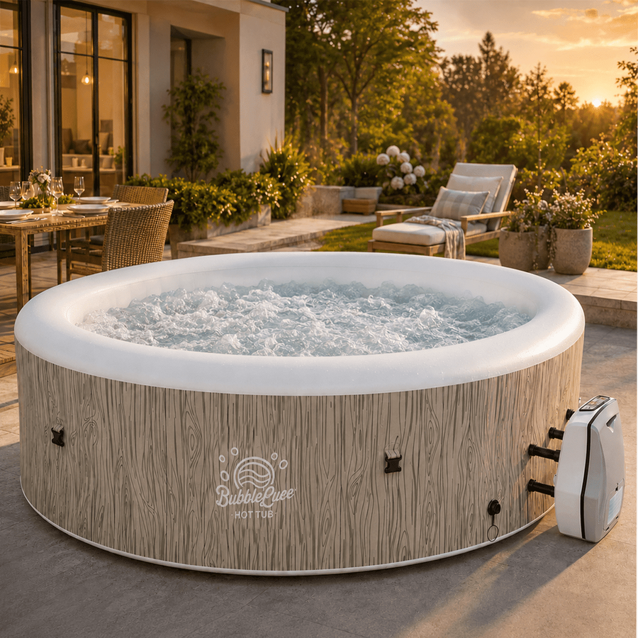 Seizeen 6 Person Inflatable Hot Tub, 80 Inch Portable Outdoor Spa with 140 Air Jets, 259 Gal Heated Bubble Massage Spa with Cover, Wood Brown