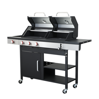 3-IN-1 Gas Grill Combo, Charcoal Grill Smoker Adjustable Height, 3-Burner Propane Gas BBQ Grill with Side Burner, Cast Iron Grid, 2-side Gribble, Storage Shelf, Adjustable Vent, Multifunctional Outdo