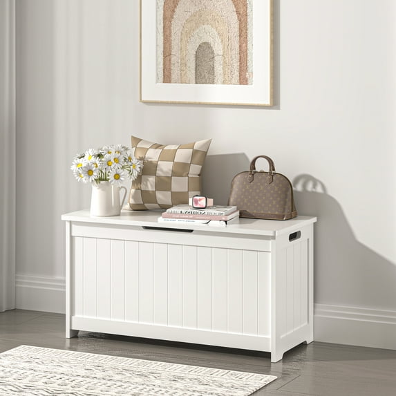 Kids Toy Box, White Wooden Toy Chest Organizer with Safety Hinged Lid, Entryway Storage Bench Supports 100 lbs, Toy Storage Chest for Bedroom, Toddler Room