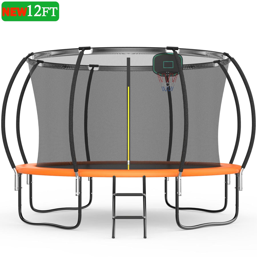 Kids Trampoline with Hoop, Seizeen 12FT  Pumpkin Trampoline for Outdoor All-Weather Trampoline W/ Enclosure Net & Anti-collision Curved Pole, Outdoor Round Trampolines Bears 4-6 Kids, Orange