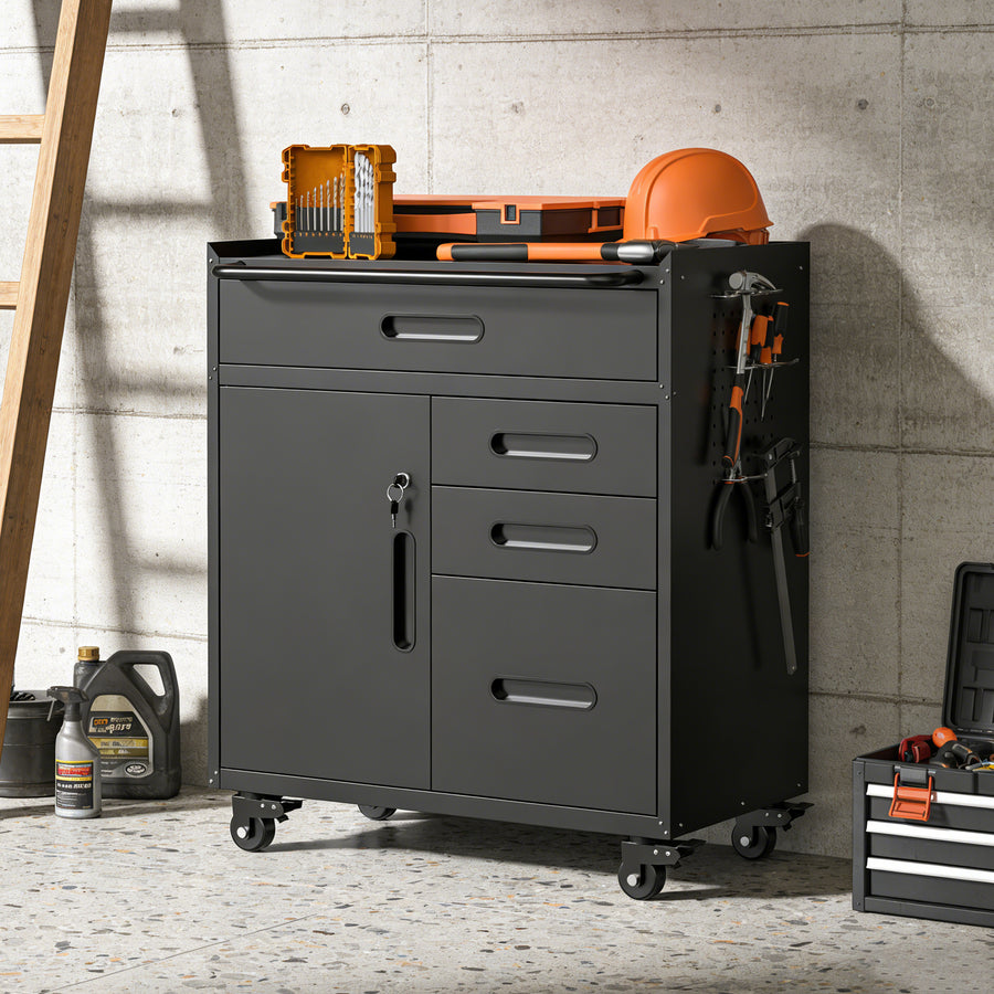 Seizeen Tool Chest, Rolling Tool Storage Box with Wheels, Lockable Garage Tool Cabinet Organizer, Steel Utility Cabinet with Side Pegboards for Workshop Home