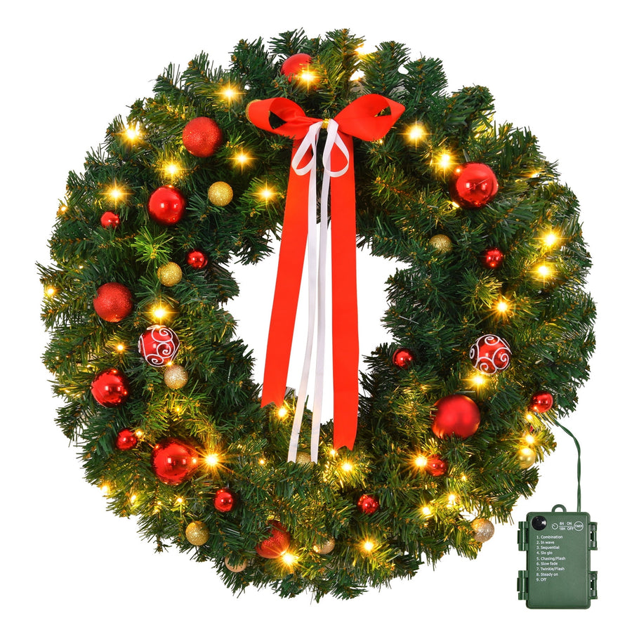 36in Pre-lit Battery Powered Christmas Wreath – Lighted Artificial Xmas Wreath with 80 Warm Lights, 270 PVC Tips & 18 DIY Ornaments for Front Door, Gate & Wall Xmas Party Decorations