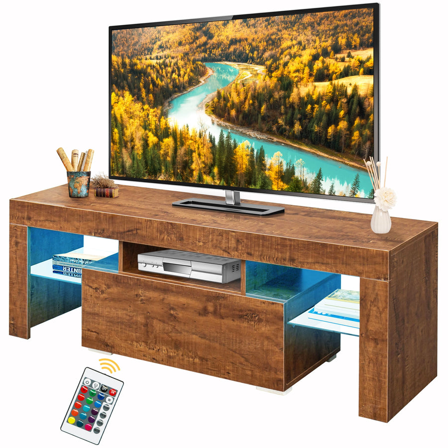 Lighted TV Stand for 55 inch TV, Seizeen Media TV Console with LED RGB Lights, Modern Entertainment Center  TV Cabinet with Storage Shelves & Drawer, Walnut