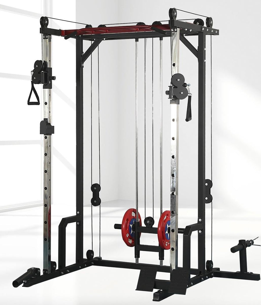 Multi Function Squat Rack Power Cage 1400lbs Full Body Training Weight Cage w LAT PullDown Cable Crossover System Professional Home Gym Equipment