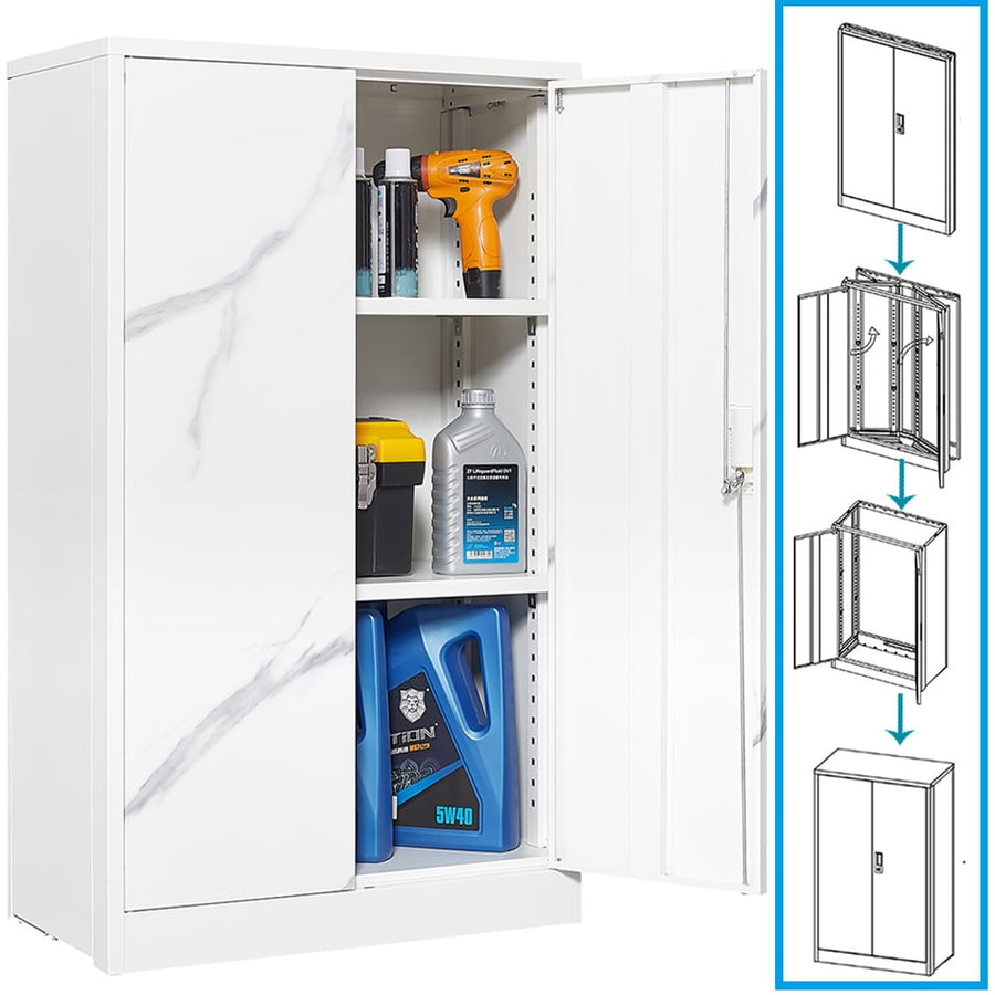 NEW Garage Storage Cabinet, Metal Cabinet with Doors and Shelves for Tool Storage, Folding File Cabinet for Office Home Lockable, 3-Tier Cabinet with Adjustable Shelves, Marble White