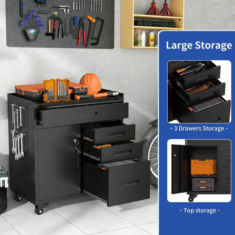 Seizeen Tool Chest, Rolling Tool Storage Box with Wheels, Lockable Garage Tool Cabinet Organizer, Steel Utility Cabinet with Side Pegboards for Workshop Home
