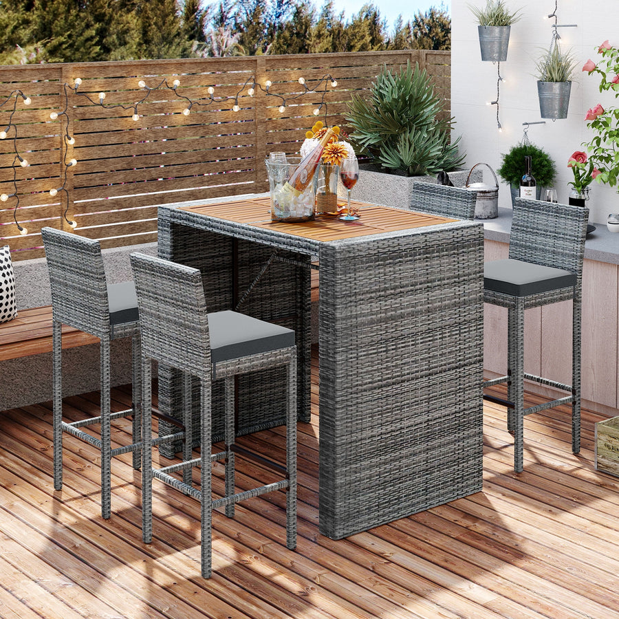 Outdoor Bar Dining Table Set, 5-Pcs Rattan Patio Bistro Sets, Counter Height Table & Cushioned Chairs with Backrest, Gray Wicker Patio Furniture Set for Backyard Porch Poolside