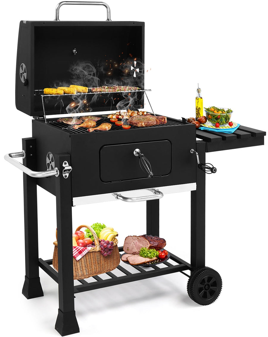 Seizeen Charcoal Grill, 42.5''H Portable BBQ Grill on Wheels, Heavy-duty Outdoor Grill w/2 Grill Area, Adjustable Pan & Foldable Side Table, Picnic Patio Garden and Backyard Grilling