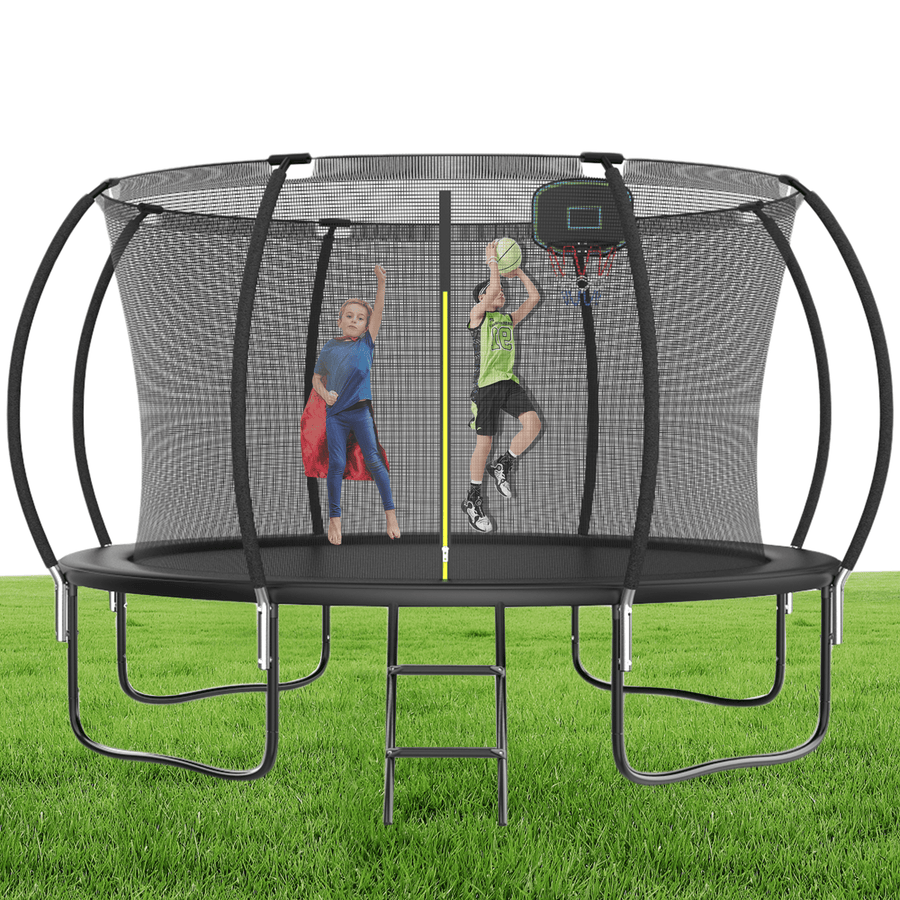 Outdoor Trampoline for Kids, 12FT Large Trampoline with Basketball Hoop & Enclosure, New Style Round Pumpkin Trampoline Anti-collision Curved Design, Black