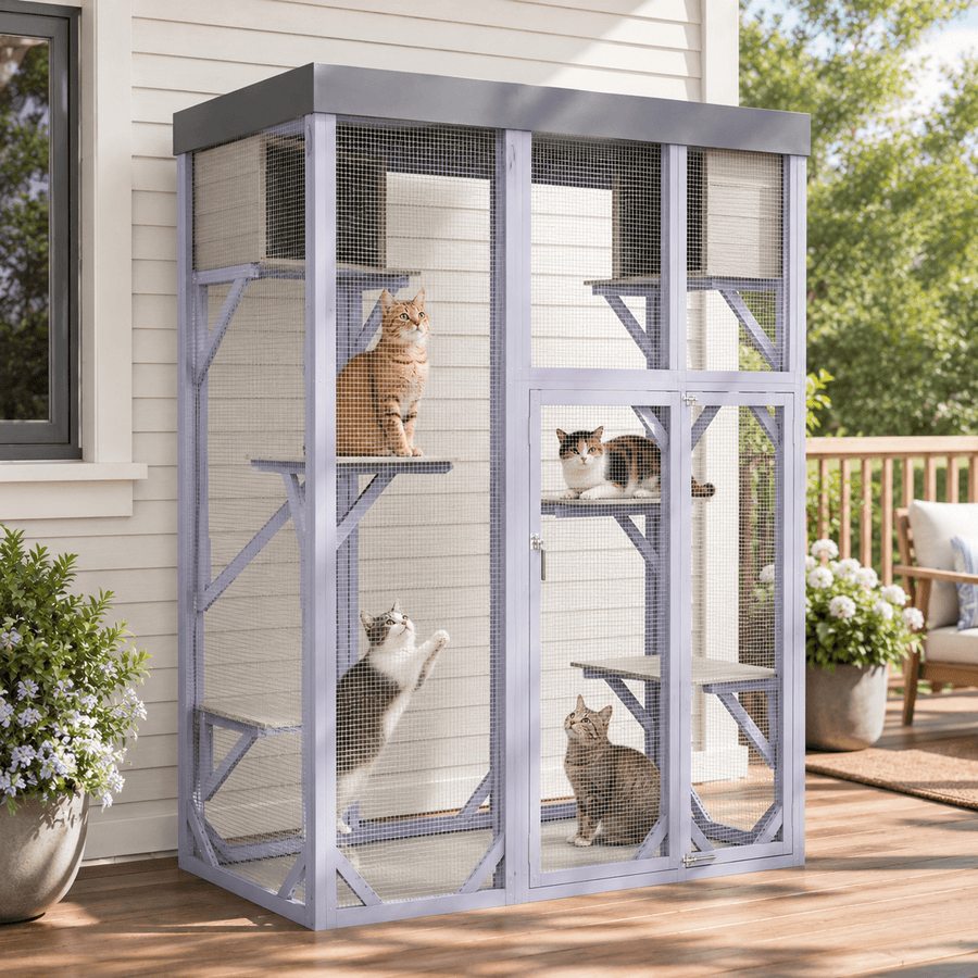 Outdoor Wooden Catio, 70 in Tall Cat Enclosure with 4 Platforms, 2 Napping Houses, Detachable Waterproof Cover and Galvanized Wire, for Indoor Outdoor Use