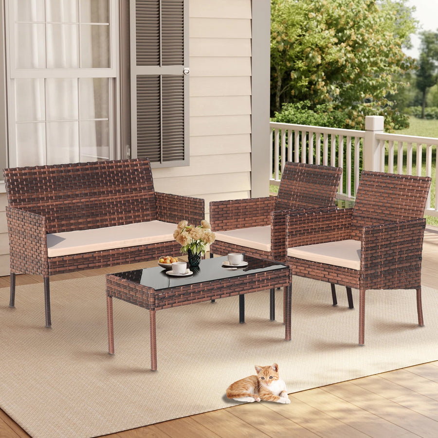 Patio Furniture Set on Sale, 4 Pieces Outdoor Rattan Conversation Sofa Set, All-Weather Wicker Patio Sets, Cushioned Sofa and Coffee Table for Garden Deck Courtyard, Brown