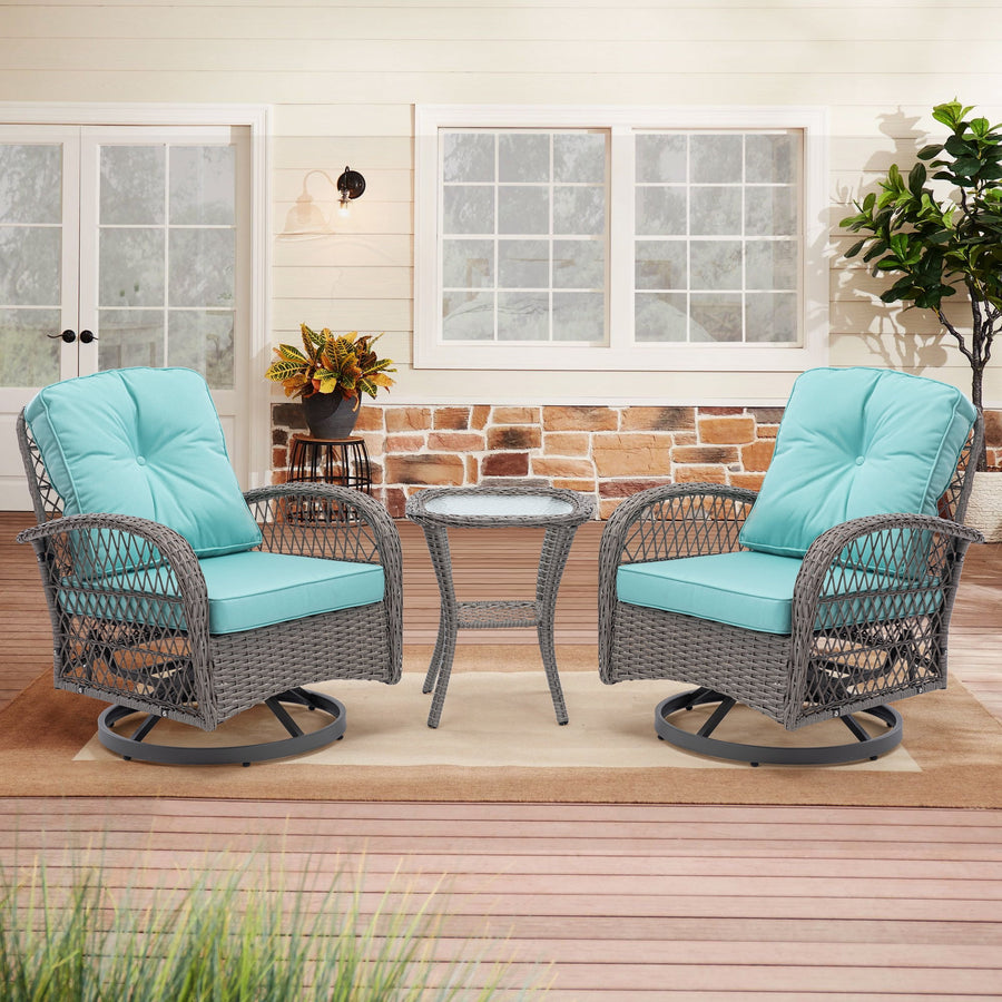 3 Pieces Patio Furniture Set, Outdoor Rattan Swivel Rocker Chairs w/Coffee Table, Wicker Patio Bistro Set for Porch Poolside, Patio Conversation Sets w/Cyan Thickened Cushions