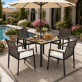 Outdoor Dining Set, 5-piece Outdoor Patio Furniture Table and Chairs Cushioned, Hollow Rattan Dining Table Set for 4, Bold Metal Frame, Acacia Woodtop, Umbrella Hole